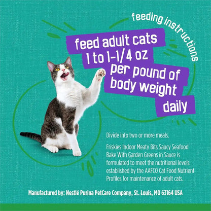Purina Friskies Indoor Cat Food Meaty Bits Saucy Seafood Bake with Garden Greens in Sauce - (Pack of 24) 5.5 Oz. Cans10