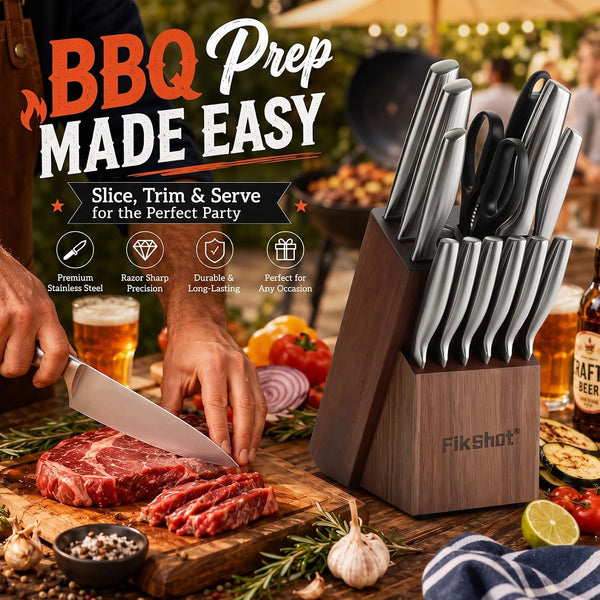 14 Pieces Knife Block Set German Stainless Steel with Sharpener | Razor-Sharp Santoku Knives, Fruit & Kitchen Knives, Rust Resistant for Homecooks, BBQ Prep (Silver + Walnut)6
