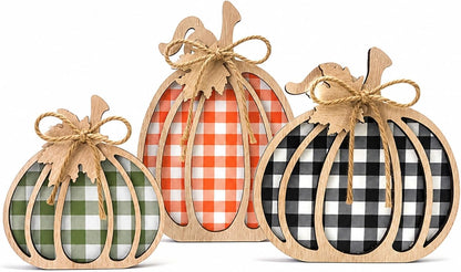 3 Pcs Pumpkin Signs, Buffalo Plaid Fall Table, Mantel Home Decor | 4.7"X9.1" Wooden Black White Checkered Pumpkin, Autumn Thanksgiving Decorations Indoor, Tabletop, Tiered Tray, Shelf, Kitchen1