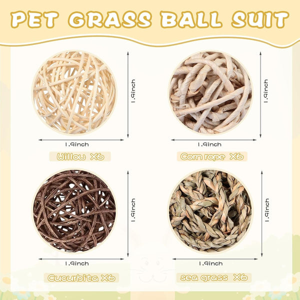 24 Pcs Bunny Chew Grass Balls Rolling Chew Toys for Small Animals | Bunny Gnawing Treats, Natural Chew Grass Toys, Rolling Play Balls, Small Animal Cage Enrichment Toy2