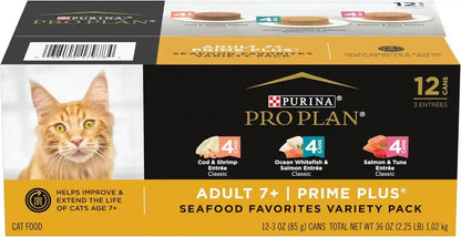Purina Pro Plan Grain Free Senior Wet Cat Food Variety Pack Pate, SENIOR Seafood Favorites - (2 Packs of 12) 3 Oz. Cans1