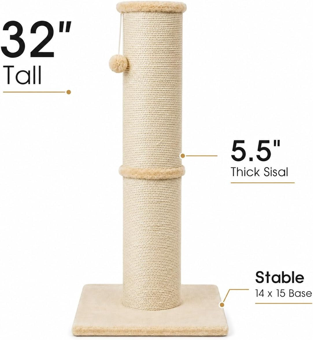 pawscrat-32-inch-tall-cat-scratching-post-5-5-inch-diameter-sisal-beige-natural-sisal-scratching-surface-with-a-dangling-ball-for-indoor-cats-scratch-resistant-durable-and-protect-your-furniture