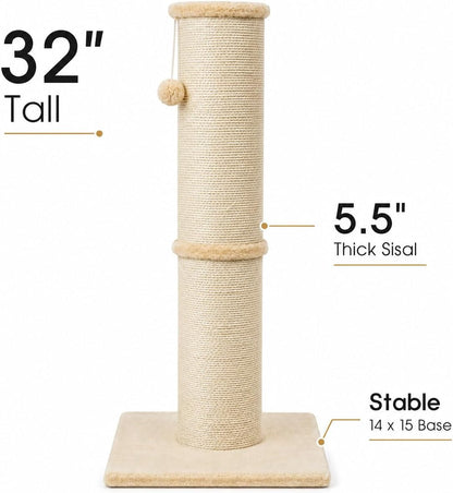 PAWSCRAT 32-Inch Tall Cat Scratching Post, 5.5-Inch Diameter, Sisal, Beige | Natural Sisal Scratching Surface with a Dangling Ball for Indoor Cats, Scratch-Resistant Durable and Protect Your Furniture2