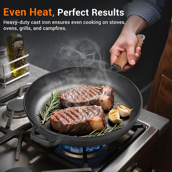 12" Cast Iron Skillets with Removable Wooden Handle, Pre-Seasoned Frying Pan for Stove, Oven, Grill & Campfire Cooking (1, 12")2