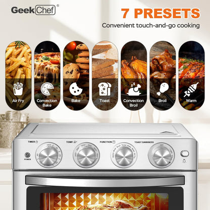 Air Fryer Toaster Oven 26 QT, Large Airfryer Convection Countertop Oven Combo with Easy Bake, Roast, Broil, Warm, 6 Slice Toast 7-In-1 Functions, 3 Layers with 4 Accessories,Stainless Steel6