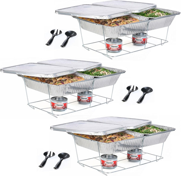 Disposable Chafing Dish Buffet Set with 6-Hour Fuel, 30 Piece | 3 Full-Size Buffet Setups with 6 Fuel Cans, 3 Water Pans, 6 Half-Size Food Pans, 6 Lids, 3 Wire Racks, and Serving Utensils1