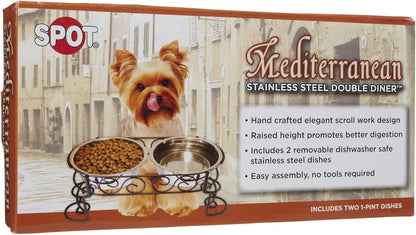 SPOT Mediterranean Double Diner Elevated Dog Bowls – Raised Feeder with Stainless Steel Bowls – 1 Pint Capacity per Bowl (2 Cups Total) – Promotes Better Digestion – Decorative Metal Stand, Black2