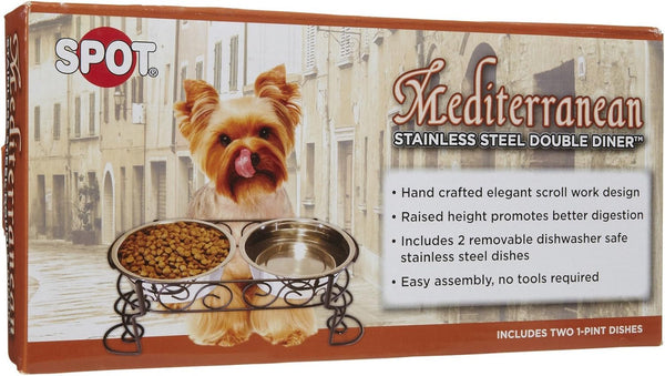 SPOT Mediterranean Double Diner Elevated Dog Bowls – Raised Feeder with Stainless Steel Bowls – 1 Pint Capacity per Bowl (2 Cups Total) – Promotes Better Digestion – Decorative Metal Stand, Black2
