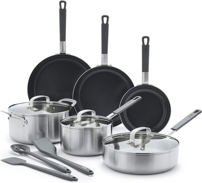 X Bobby Flay Stainless Steel 12 Piece Cookware Pots & Pans Set, Professional Grade Tri-Ply, Multiclad, Pfas-Free Ceramic Nonstick, Induction Suitable, Dishwasher & Oven Safe,Stay Cool Handles1