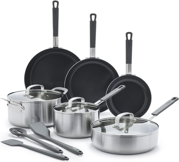X Bobby Flay Stainless Steel 12 Piece Cookware Pots & Pans Set, Professional Grade Tri-Ply, Multiclad, Pfas-Free Ceramic Nonstick, Induction Suitable, Dishwasher & Oven Safe,Stay Cool Handles1