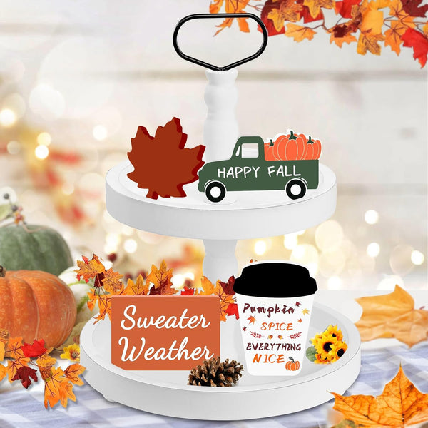 Fall Decor Fall Decorations for Home 4Pcs Wooden Coffee Cup Maple Leaf Car Sweater Weather Sign Farmhouse Table Tiered Tray Decor Thanksgiving Decorations3