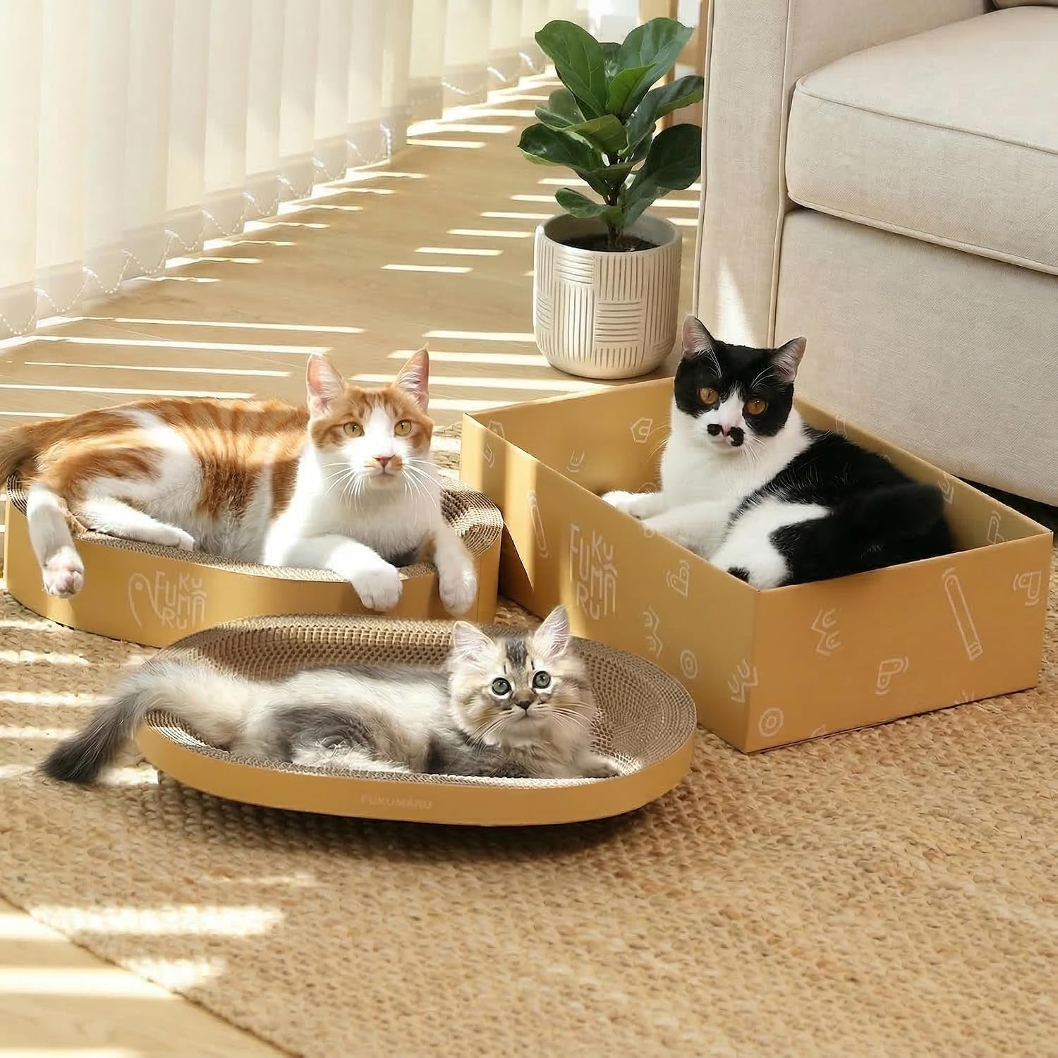 fukumaru-3pcs-cardboard-cat-scratcher-bed-durable-oval-cat-scratch-pads-round-cats-scratching-board-set-large-scratcher-box-for-indoor-cats-kitten-scratcher-bowl-couch-sofa-furniture-protector
