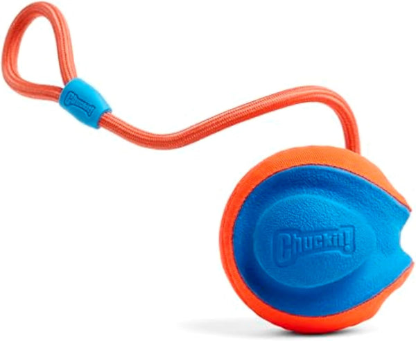 Chuckit! Rope Fetch Dog Toy - Ball on Rope Fetch and Tug-Of-War Toy for Dogs - Durable EVA Rubber Construction - 5.5-Inch Diameter - 18-Inch Rοpe - Orange and Blue1