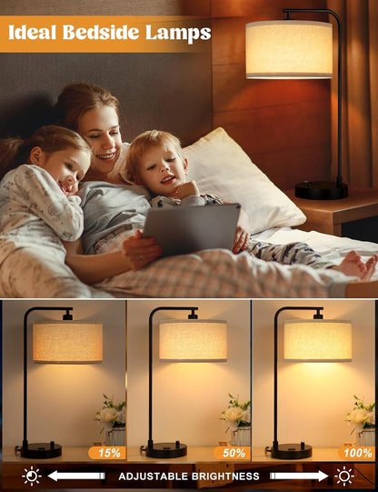 20.7" Tall Table Lamp with USB & Outlet, Fully Dimmable Nightstand Lamp | Linen Lampshade, USB Port and Outlet, Black Desk Lamp for Bedside, Living Room, Guest Room, Home Office, LED Bulb Included3