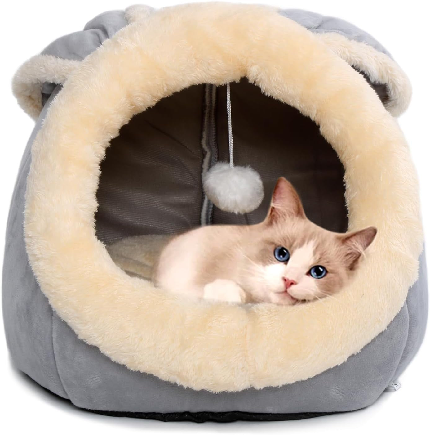 cat-beds-for-indoor-cats-rabbit-shaped-cat-cave-bed-with-hanging-toy-grey-m-super-soft-calming-cat-tent-house-for-kitten-puppy-warm-plush-machine-washable-removable-cushioned-pad-cute-cat-hideaway