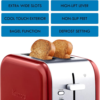 Kenmore 2-Slice Toaster, Stainless Steel, Red and Silver, with Extra Wide Slots, Self-Adjusting Bread Guides, Defrost, Bagel and Removable Crumb Tray, Small (KKTS2SR AZ)3