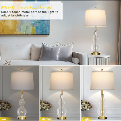 27.5" Clear Glass Table Lamp Set of 2,3-Way Dimmable Touch Control Bedside Lamps with USB Ports and AC Outlet, Modern Nightstand Lamps Gold Lamp for Bedroom Living Room4