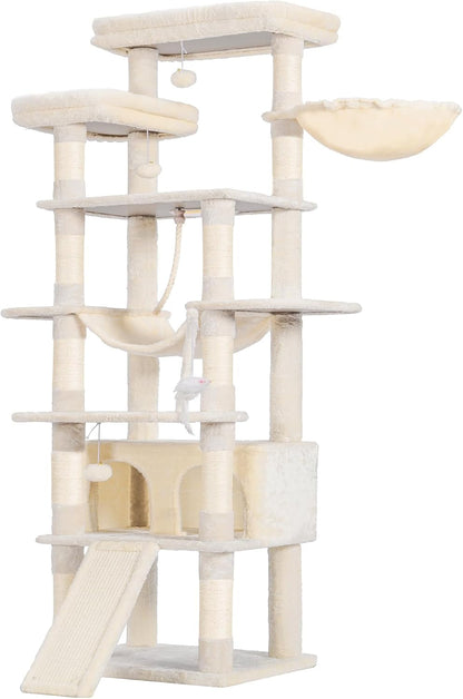 Heybly Cat Tree, 71-Inch-Tall Tower for Indoor Cats with 2 Perches HCT034W | Large Cat Furniture with 2 Big Condos, 2 Hammocks, Basket, Scratching Pad, Multi-Level Cat Condo, Light Gray22