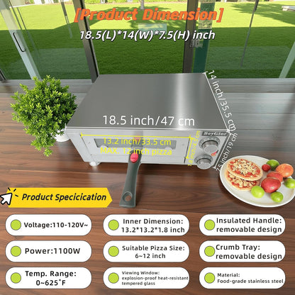 Electric Pizza Oven Indoor,12 Inch Countertop Pizza Maker with Viewing Window,Stainless Steel Commercial Pizza Oven, Removable Handle,Dual Baking Trays and Oven Mitts9