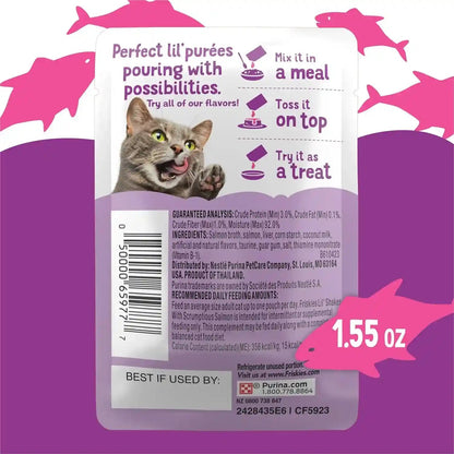 Purina Friskies Pureed Cat Food Topper, Lil’ Shakes with Scrumptious Salmon Lickable Cat Treats - (Pack of 16) 1.55 Oz. Pouches7