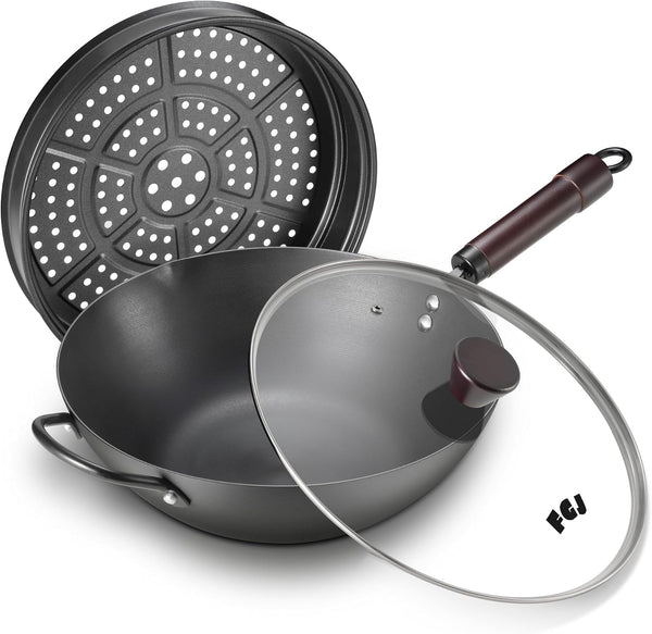 Wok, 13.5 Inch Carbon Steel Wok Pan with Steamer & Stir-Fry Pans Nonstick, 5QT Flat Bottom Chinese Woks1