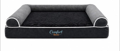 Orthopedic Dog Bed, Plush Velvet and Rabbit Fur, Raised Bolster Sides, Washable Cushion, Non-Slip Bottom, Dark Gray1