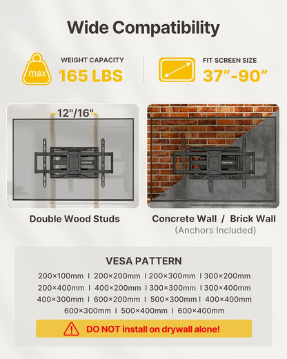 Heavy Duty Full Motion TV Wall Mount for 37-90 Inch Tvs up to 165 Lb | Dual Articulating Arms Extend 16.6 In; Smooth Tilt and Swivel, 4X Load Tested, Max VESA 600X400 Mm, 12/16 in Wood Studs2