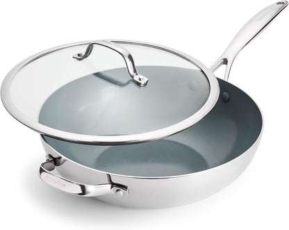 Valencia Pro Tri-Ply Stainless Steel 12” Wok with Lid, Pfas-Free Ceramic Nonstick Coating, Induction Ready Cookware, All Cooktops, Dishwasher & Oven Safe to 600F1