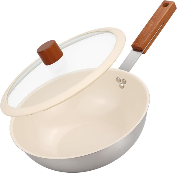 Ceramic Wok with Lid, 9.5 Inch Stainless Steel Nonstick Stir Fry Pan with Wooden Handle, Compatible with All Stovetops, PFAS Free1