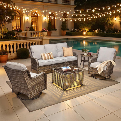 5 Pieces Outdoor Patio Furniture Set,Wicker Conversation Set with Tall Back Couch Swivel Chairs and Solar Table,Gray Wicker/Gray Cushion1