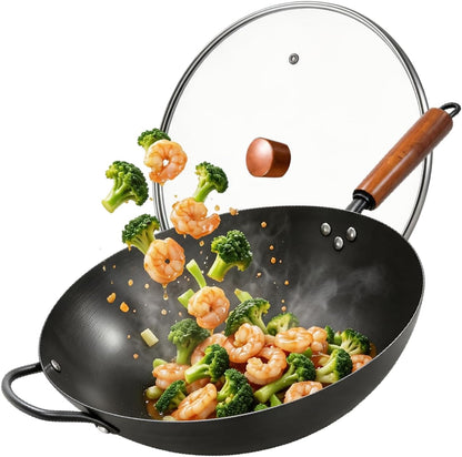 13In Carbon Steel Wok Pan with Glass Lid, Pre-Seasoned Flat Bottom Wok | Wok for Gas Electric Induction Cooktops,Naturally Seasoned Stir Fry Pan with Wooden Handle for BBQ Camping Everyday Cooking1
