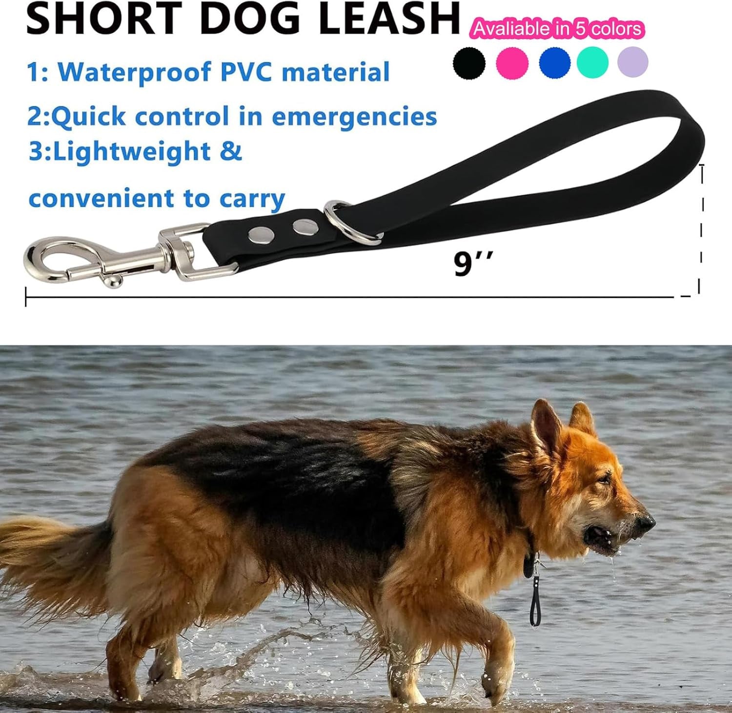 short-dog-leash-9-inch-dogs-lead-grab-tab-heavy-duty-waterproof-pvc-dog-training-traffic-leashes-for-safety-control-behavior-correction-hiking-backup-all-breeds-black-9