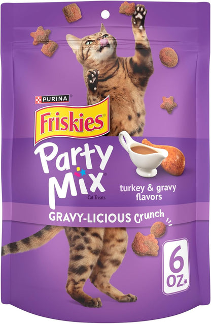 Purina Friskies Cat Treats, Party Mix Gravy-Licious Crunch Turkey and Gravy Flavors - (Pack of 6) 6 Oz. Pouches1