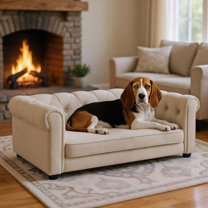 Elevated XL Large Dog Sofa with Backrest and Armrests, 55" Button Tufted Dog Couch Bed with Soft Cushion for Large Dogs, Stylish Lounging Bed Pet Couch Chair, 120Lbs Weight Capacity, Beige10
