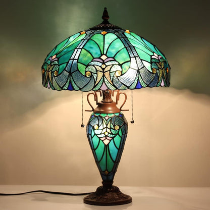 Tiffany Lamp 16" Cyan Green Stained Glass Table Lamp for Living Room | 3-Lights Victorian Style Turquoise Nightstand Bedside Desk Lamp with Nightlight for Bedroom Office W16" X H23"1