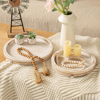 2 Piece Whitewashed Wooden Serving Tray Set with Beaded Design, Farmhouse Centerpiece Table Decorations, round Coffee Table Tray for Living Room Home Decor, Ottoman Tray Decor for Rustic Styles2