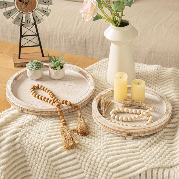 2 Piece Whitewashed Wooden Serving Tray Set with Beaded Design, Farmhouse Centerpiece Table Decorations, round Coffee Table Tray for Living Room Home Decor, Ottoman Tray Decor for Rustic Styles2