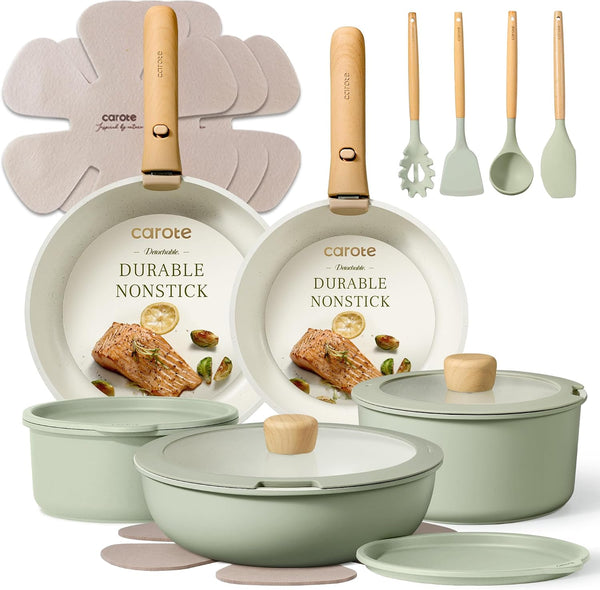 19Pcs Pots and Pans Set Non Stick, Detachable Handle Cookware | Kitchen Cooking Sets, Space Saving, Dishwasher & Oven Safe, Non-Toxic, for Camping/Rv/Traveling, Sage Green1