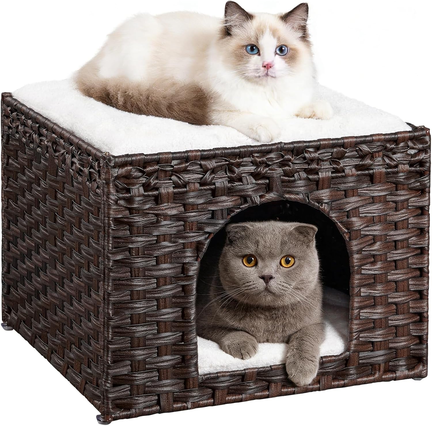 snughome-handwoven-rattan-cat-house-indoor-foldable-cat-bed-cave-with-2-removable-bed-mats-large-kitten-house-hideaway-pet-cube-16-54-x-16-54-x-12-6-inches-grey-for-living-room-bedroom