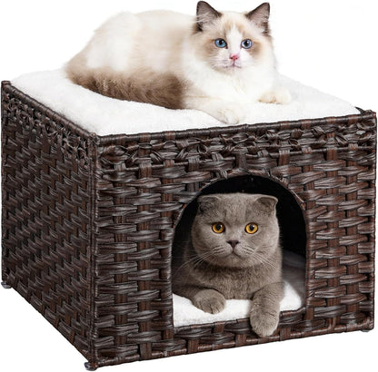 Snughome Handwoven Rattan Cat House - Indoor Foldable Cat Bed Cave with 2 Removable Bed Mats, Large Kitten House, Hideaway Pet Cube, 16.54 X 16.54 X 12.6 Inches, Grey, for Living Room & Bedroom8