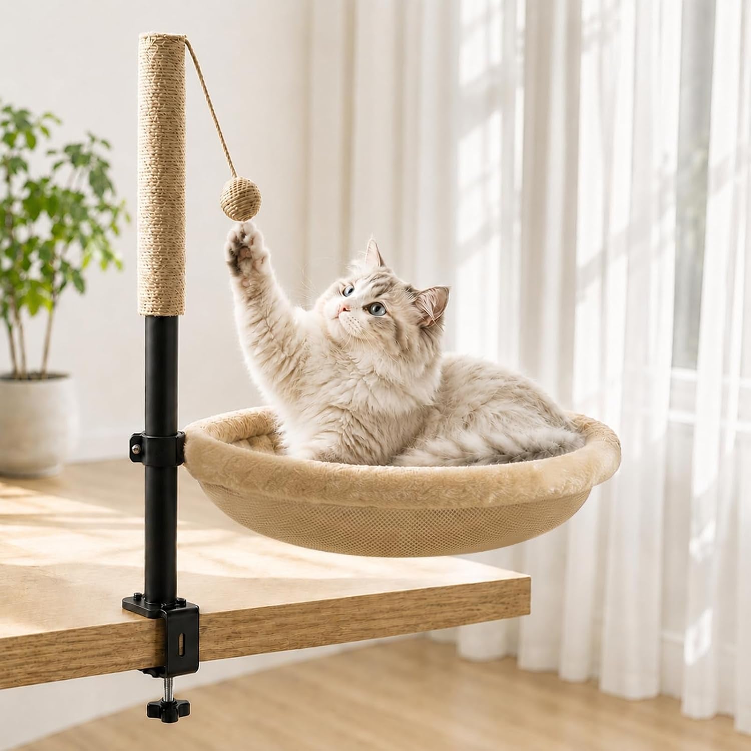 cat-desk-bed-with-scratching-post-clamp-on-360-rotating-camel-adjustable-height-reversible-machine-washable-cover-alloy-steel-frame-space-saving-perch-supports-cats-up-to-45-pounds