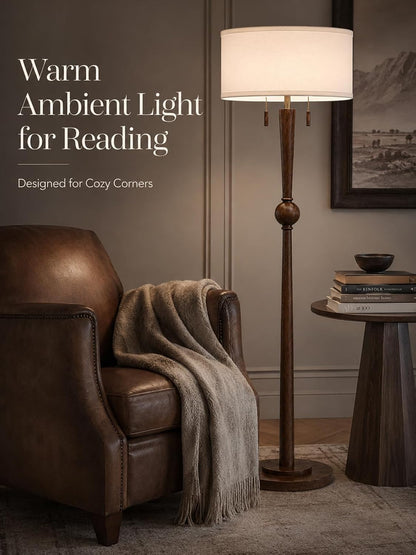 Solid Wood Floor Lamp for Living Room,Pull Chains Standing Lamp | 62.8" Tall,17" White Drum Shade,Sculptural Wood Base & Stem,2-Light Design,Standing Lamp for Bedroom,2 Bulbs Included2