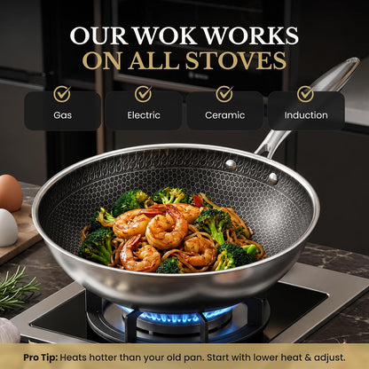 ® 11" Honeycomb Stainless Steel Wok with Lid, Nonstick, Induction Safe | Heavy-Duty Stir Fry Pan, Induction Compatible & Even Heat Distribution, Pfoa-Free Non Toxic Cookware, Oven & Dishwasher Safe5