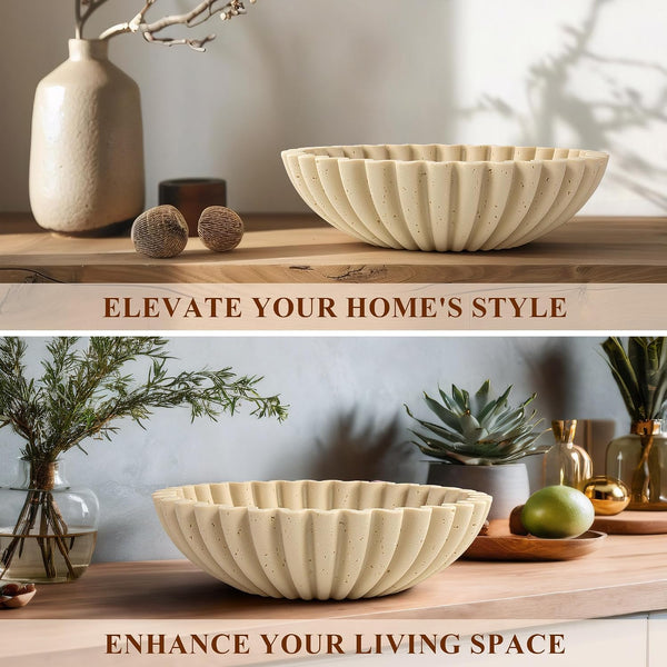 Large Decorative Bowl, Modern Handicraft Bowls for Home Decor, Decorative Fruit Bowl for Kitchen Counter, Ruffle Decor, Stylish Key Bowl for Entry Table, Artificial Travertine Beige6