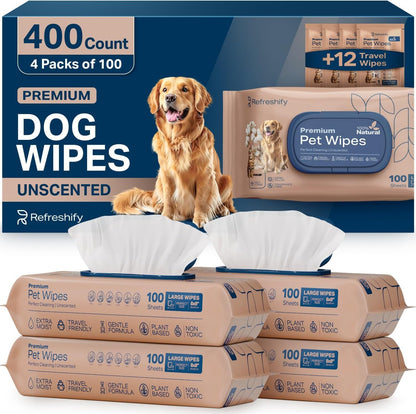 REFRESHIFY Dog Wipes for Paws and Butt - Plant Based Unscented (Pack of 400) - Pet Wipes for Dogs and Cats - Deodorizing Non Toxic Dog Wipes, +12 Additional Travel Wipes1