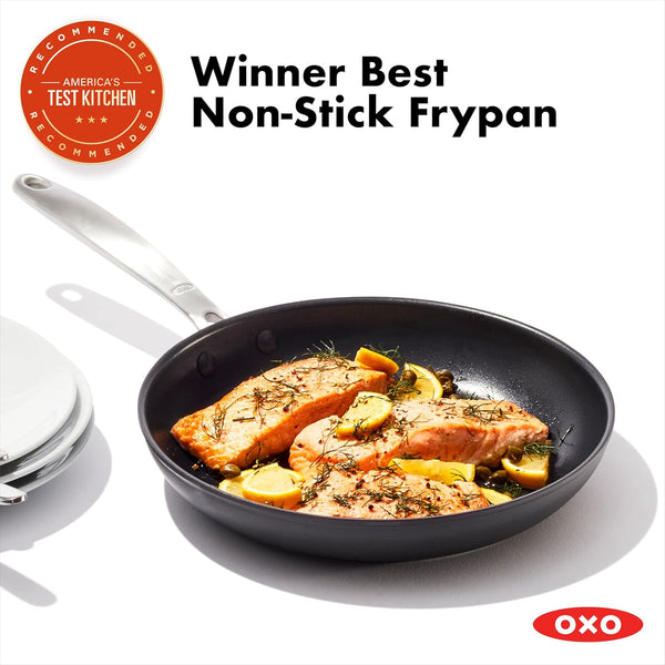 OXO Enhanced 10" Frying Pan Skillet, Pfas-Free Ceramic Nonstick, Durable Hard Anodized Cookware, Scratch Resistant, Stainless Steel Handle, Good Grips, Dishwasher Safe, Oven Safe, Black3