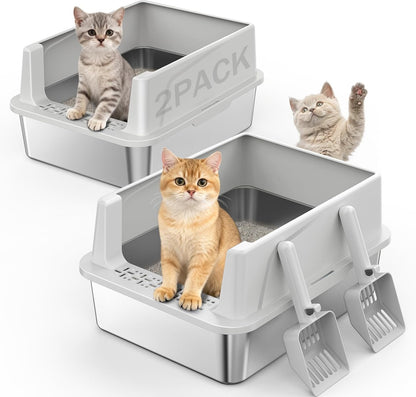 2PACK Stainless Steel Litter Box, Extra Large Litter Boxes for Big Cats, XL Metal Cat Litter Box with Lid High Sides, Anti-Urine Leakage, Non-Sticky, Scoop Included11