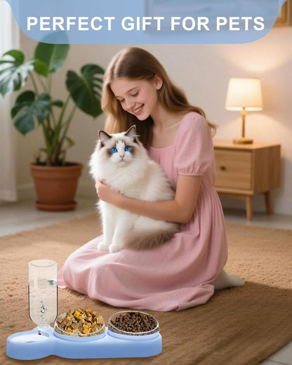 Cat Bowls Set，3 in 1 15°Tilt Water Feeder Bowls Cat Double Food Bowls with 500Ml Dispensing Bottle for Small & Medium Pets,Lightweight & Easy to Clean7