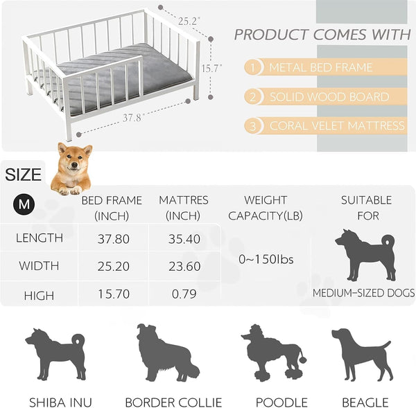 OSCHF Dog Bed with Rails - Elevated Pet Metal Bed Frame with Solid Wood Board and Washable Soft Mat for Medium Dog Indoor or Outdoor Use, 25.2" X 37.8", White2