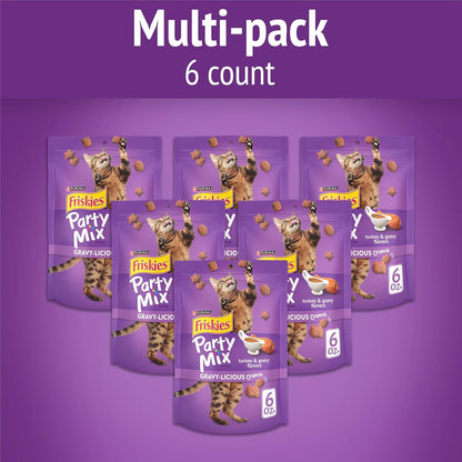 Purina Friskies Cat Treats, Party Mix Gravy-Licious Crunch Turkey and Gravy Flavors - (Pack of 6) 6 Oz. Pouches2